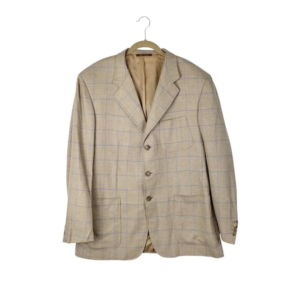 Ravazzolo Beige Plaid Wool Cashmere Three Button Blazer Jacket Mens 52/US 42